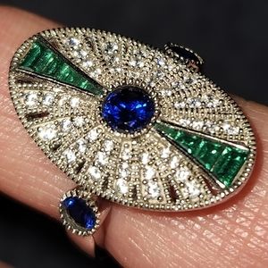 Gorgeous Faux Diamond, Emerald and Sapphire Ring Art Deco Style, size 7
